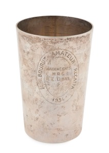 "MELBOURNE AMATEUR REGATTA, MAIDEN EIGHTS, 1934" won by R.E. DIBBS, Australian silver beaker trophy, stamped "BRADSHAW, STG, SILVER", 12cm high, 210 grams