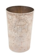 "MELBOURNE AMATEUR REGATTA, MAIDEN EIGHTS, 1934" won by R.E. DIBBS, Australian silver beaker trophy, stamped "BRADSHAW, STG, SILVER", 12cm high, 210 grams