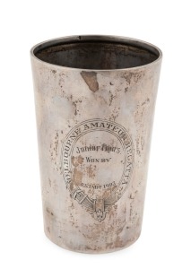 "MELBOURNE AMATEUR REGATTA, JUNIOUR FOURS", Australian silver beaker trophy, stamped "STG, SILVER", ​​​​​​​11.5cm high,  150 grams