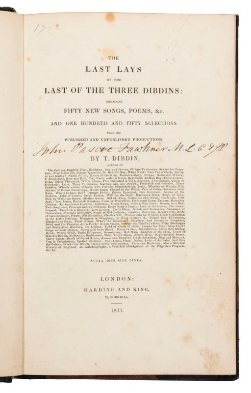 JOHN PASCOE FAWKNER signature on the title page of "Last Day Of Dibden" [Lon. 1833]