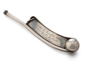 TIFFANY & Co. bosun's antique whistle in silver, engraved "GEORGE L. RONALDS, 1887, STEAM YACHT SENTINEL, 74 TONS. N.Y. HARBOR", 13.2cm long