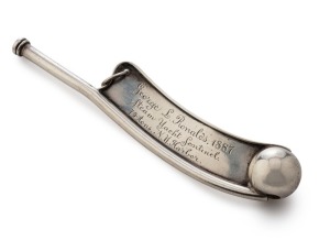 TIFFANY & Co. bosun's antique whistle in silver, engraved "GEORGE L. RONALDS, 1887, STEAM YACHT SENTINEL, 74 TONS. N.Y. HARBOR", 13.2cm long