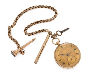 CHIEF DISTRICT CONSTABLE OF VAN DIEMEN'S LAND. Fine antique 18ct yellow gold pocket watch by George Carley of London, with gold fob chain, toothpick and watch key. Engraved inside the back cover "THIS WATCH AND CHAIN IS PRESENTED BY THE OFFICERS AND CLERKS OF THE HOBART TOWN POLICE, TO MR. GEORGE BROWN CHIEF DISTRICT CONSTABLE OF VAN DIEMEN'S LAND AS A TOKEN OF THEIR RESPECT AND ESTEEM ON HIS LEAVING THE COLONY". 4.2cm wide, the chain 28cm long