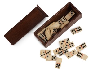 Sailor's whalebone pocket dominoes in timber case, 19th century, the case 6cm wide