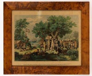 An antique Tasmanian huon pine picture frame, with an 1865 colour lithograph of Captain Cook, mid 19th century, the frame internal 39 x 48cm, 51 x 60cm overall