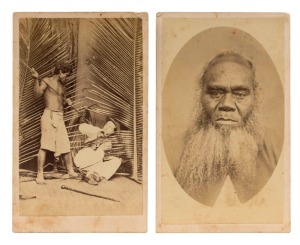 TRIBAL: Two cartes-de-viste, one most likely by F.H. DUFTY of a Pacific Islander with spear threatening a white man, inscribed verso. The other a portrait of a man also inscribed with the sitter's name "MACELINE"? "CHEIF OF THE MURRIE" (South West Queensl