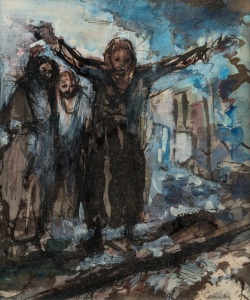 VICTOR GEORGE (VIC) O'CONNOR (1918-2010), After The Raid, ink and gouache, signed lower right "V. O'Connor", Bridget McDonnell Gallery label verso, 18.5 x 15.5cm, 47 x 42cm overall