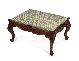 An antique Australian blackwood footstool with ornately carved French style cabriole legs, Melbourne origin, circa 1860, 40cm high, 70cm wide, 51cm wide