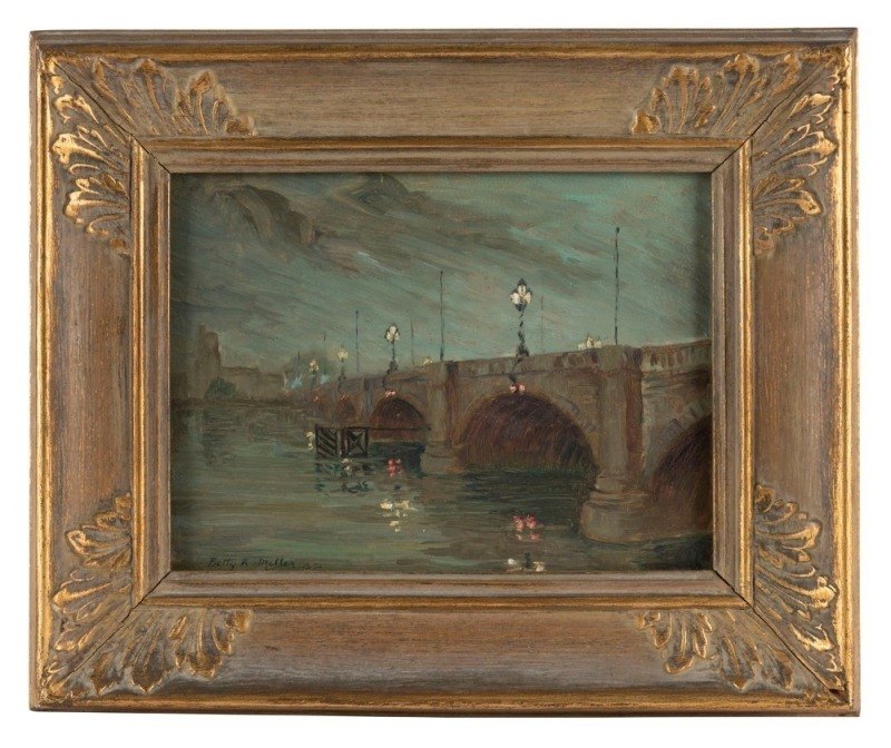 BETTY MILLER, Evening, Putney Bridge, London, 1952, oil on board, signed and dated lower left "Betty A. Miller, 1952", 15 x 20cm, 25 x 35cm ​​​​​​​