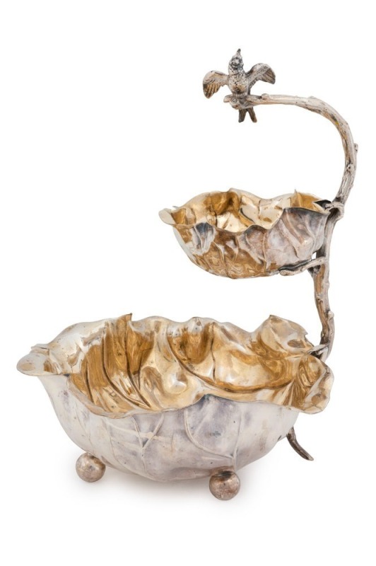 W.M.F. antique German silver plated two tier centrepiece of lotus leaf form, adorned with a cockatoo finial, circa 1900, stamped "W.M.F.", ​​​​​​​30cm high