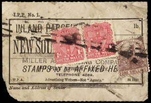 Parcel Labels group with NSW Inland label franked 1/2 incl. 1/- Roo Centennial, Vic. Inland label franked 1/8, 4 C'wealth of Aust. labels with mixed frankings to 5/- plus a parcel piece franked 1/3 and a 2/- CofA Roo block of 6 with Telegraph punctures. M
