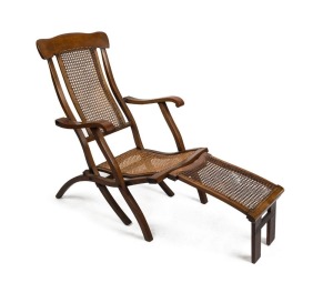 An antique steamer chair, beech and rattan, 19th century, 95cm high, 60cm wide, 130cm long when extended