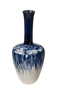 MARTIN MORONEY blue and white pottery vase painted with gum blossoms and leaves, signed "M. Moroney, Brisbane, July, 1914", with "M.Q." monogram, ​​​​​​​22.5cm high