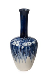 MARTIN MORONEY blue and white pottery vase painted with gum blossoms and leaves, signed "M. Moroney, Brisbane, July, 1914", with "M.Q." monogram, 22.5cm high
