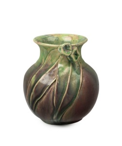 REMUED pottery vase with applied gumnuts and leaves, glazed in pink, mauve and green, incised "Remued", 11.5cm high