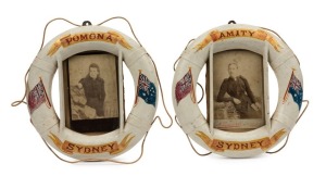"POMONA" and "AMITY" Sydney, pair of antique life buoy picture frames, 19th century, 27.5cm diameter