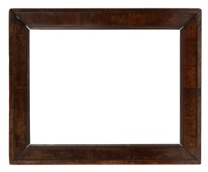 An antique picture frame, cedar veneer on huon pine, Tasmanian origin, circa 1835, remains of old ink inscription verso, 43 x 53.5cm, internal 32 x 42.5cm
