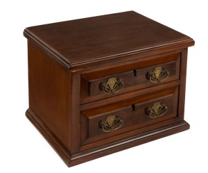 W.H. ROCKE & Co. two drawer miniature chest with Royal insignia brass handle plates, made to commemorate the visit of Duke and Duchess of Cornwall and York, late 19th century, ​​​​​​​stamped "W.H. ROCKE & Co., MELBOURNE", 24cm high, 33cm wide, 25cm deep