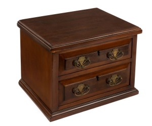 W.H. ROCKE & Co. two drawer miniature chest with Royal insignia brass handle plates, made to commemorate the visit of Duke and Duchess of Cornwall and York, late 19th century, stamped "W.H. ROCKE & Co., MELBOURNE", 24cm high, 33cm wide, 25cm deep