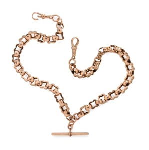 An antique 9ct rose gold Albert fob chain, 19th century, 42cm long, 34.8 grams
