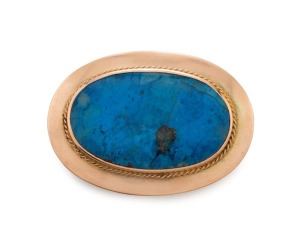 LAWRENCE 9ct rose gold and lapis lazuli oval brooch, early 20th century, stamped "9" flanked by pictorial marks, 3cm wide
