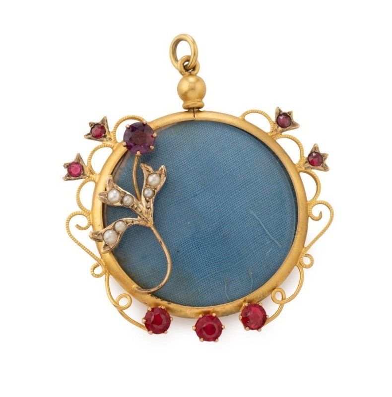 ARONSON & Co. of Melbourne (attributed), beautiful double sided circular photo locket, 9ct yellow gold set with seed pearls and red stones, late 19th century, 5cm high overall