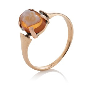 WENDT antique 15ct gold ring set with a hard stone cameo, South Australian origin, 19th century, stamped "WENDT, 15c",