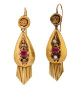 A pair of antique 18ct yellow gold earrings set with seed pearls and red stones, in original box, circa 1875, 5cm high, 5.5 grams total