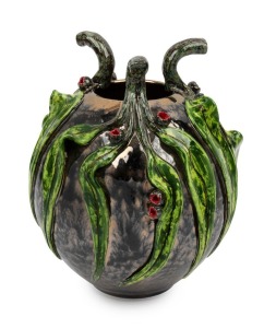 DAVID LYONS studio pottery vase with applied gumnuts, leaves and branches, glazed with black coloured ground, incised "D.C. Lyons, VIC. Australia, 1/1" with oval impressed stamp. 27cm high