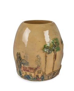 PEGGY WHITING pottery lamp base with applied cottages in landscape with attractive hand-painted finish, incised "Peggy Whiting", 16cm high