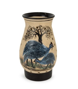 Pottery bird feeder with cassowary decoration, incised "DOUGLAS", 20.5cm high