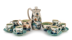ARTHUR MERRIC BOYD & JOHN PERCEVAL fifteen piece pottery coffee service with hand-painted yacht motif, incised "A. M. Boyd", the coffee pot 20cm high