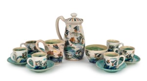 ARTHUR MERRIC BOYD & JOHN PERCEVAL fifteen piece pottery coffee service with hand-painted yacht motif, incised "A. M. Boyd", ​​​​​​​the coffee pot 20cm high