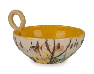ARTHUR MERRIC BOYD & JOHN PERCEVAL pottery ramekin decorated with bush landscape, incised "A.M.B. J.P.", 9cm high, 15cm wide