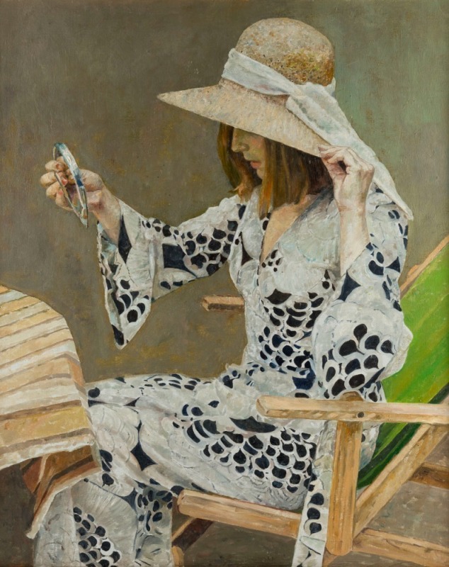 JOHN LENNOX (1941-1996), Arranging The Hat, oil on canvas, signed and titled verso, ​​​​​​​60 x 50cm, 80 x 68cm overall