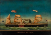 Five Chinese reverse glass painting ship portraits, titled "SPINAWAY", "THE GREAT REPUBLIC", "JOANNE", "THE IRON STAEM SHIP GREAT BRITAIN", and " ELIZABETH", ​​​​​​​40 x 58cm each, 52 x 70cm each overall  - 3