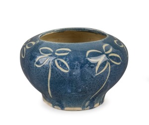 ARTHUR MERRIC BOYD & JOHN PERCEVAL early blue glazed pottery vase with sgraffito decoration attributed to John Perceval. In the early days of production at the Murrumbeena Pottery teapot blanks were procured from HATTON BECK and then decorated. This is evidenced in this example by the infill of the spout hole. 9cm high, 13.5cm wide