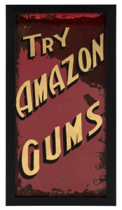 "TRY AMAZON GUMS" antique point of sale advertising mirror, late 19th century. Originally from Mrs. Greys Milk Bar, View Street, Bendigo. Amazon Gums where made by the Allens Confectionary Company. 66 x 30cm, 72 x 37cm overall