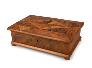 WILLIAM NORRIE antique specimen timber jewellery box, New Zealand origin, late 19th century, 10cm high, 30.5cm wide, 19cm deep