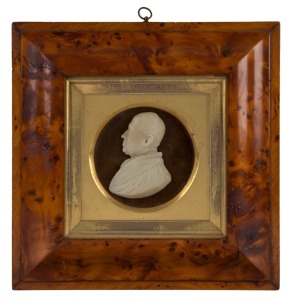 THERESA WALKER (1807-1876), "The Reverend Dr. WILLIAM BEDFORD", wax profile portrait, circa 1850. Housed in a stunning huon pine frame attributed to the famed Hobart Town maker ROBIN HOOD. Bearing several notations verso, 28 x 28cm overall