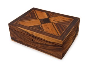 An antique Australian workbox, native tulipwood and cedar, Queensland origin, 19th century. Note: Tulipwood boxes are extremely scarce, this being only one of a handful seen at our rooms. ​​​​​​​11cm high, 31cm wide, 22cm deep