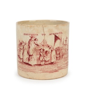 "EMIGRANTS TO AUSTRALIA" Staffordshire transfer porcelain cup, circa 1840, 7.5cm high, 10cm wide