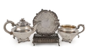 CAPTAIN ALURED TASKER FAUNCE (1808 - 1856) THE FIRST RESIDENT POLICE MAGISTRATE AT QUEANBEYAN. A sterling silver desk stand, tea pot, sugar basin and salver, all made in London in 1839, and engraved with the family coat of arms for “A. T. Faunce”
