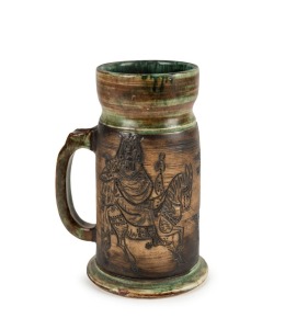DAVID & HERMIA BOYD exhibition pottery tankard with sgraffito medieval figures on horseback, incised "David + Hermia Boyd, England", 18cm high