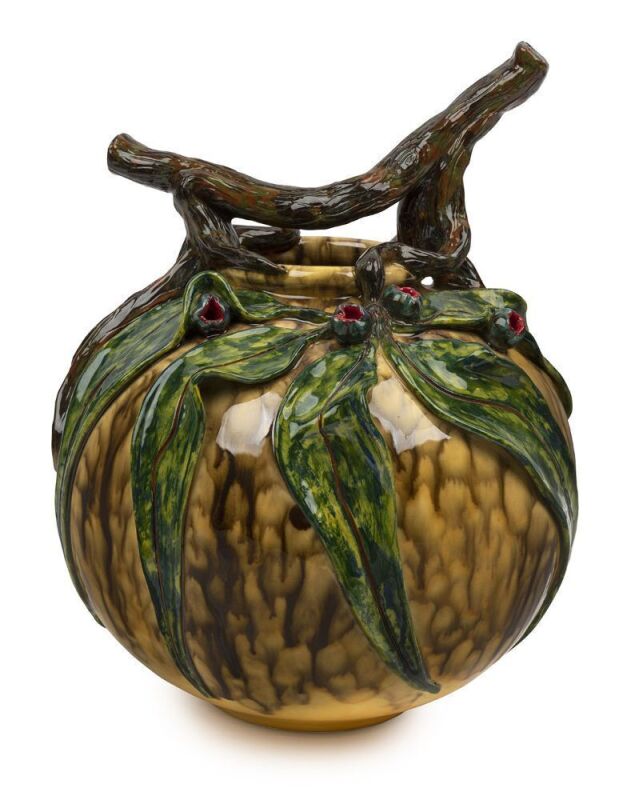 DAVID LYONS studio pottery vase with applied gumnuts, leaves and branches, glazed with mustard coloured ground, incised "D.C. Lyons, 1/1" with oval impressed stamp. ​​​​​​​32cm high