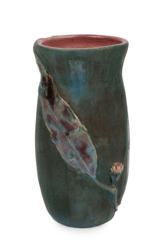 PHILIPPA JAMES pottery vase with applied gum blossom, leaf and twig, incised "Philippa James", ​​​​​​​16cm high