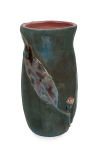 PHILIPPA JAMES pottery vase with applied gum blossom, leaf and twig, incised "Philippa James", ​​​​​​​16cm high