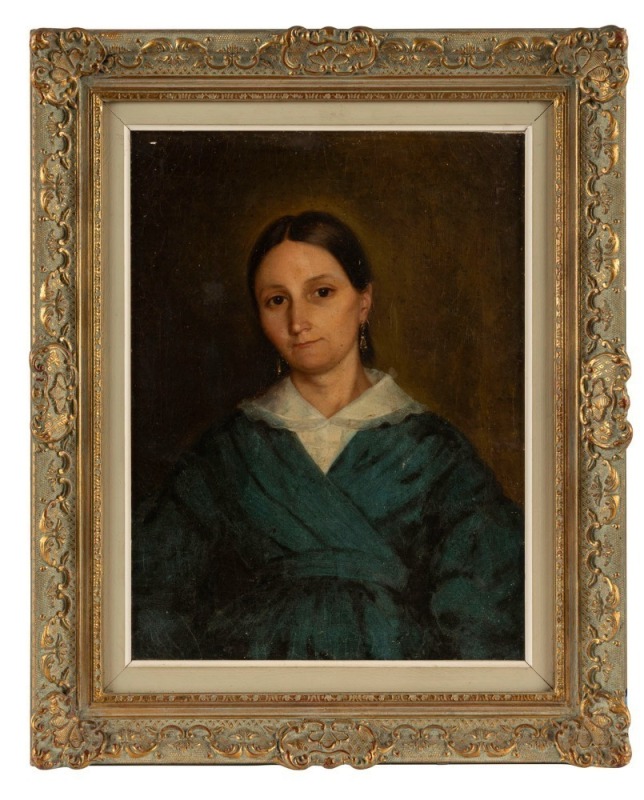 ARTIST UNKNOWN (19th century), (portrait of a lady in a blue dress), oil on canvas, ​​​​​​​39 x 29cm, 54 x 44cm overall