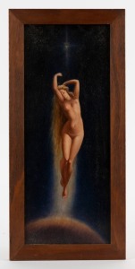 GAEL ELTON MAYO (working 1970s), (female nude rising), oil on panel, signed in pencil verso, ​​​​​​​45 x 18cm, 52 x 24cm overall