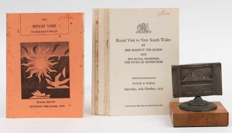 THE ROYAL VISIT TO AUSTRALIA - OCTOBER 1973 - FOR THE OFFICIAL OPENING OF THE SYDNEY OPERA HOUSE: A group of briefing booklets titled "Working Programmes" prepared by the State Director, Royal Visit, 1973: "Arrival at Sydney" (20th Oct.); "Civic Reception